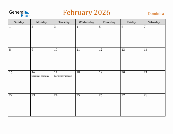 February 2026 Holiday Calendar with Sunday Start