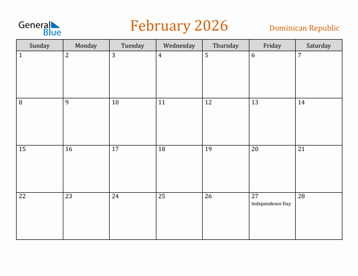 February 2026 Holiday Calendar with Sunday Start