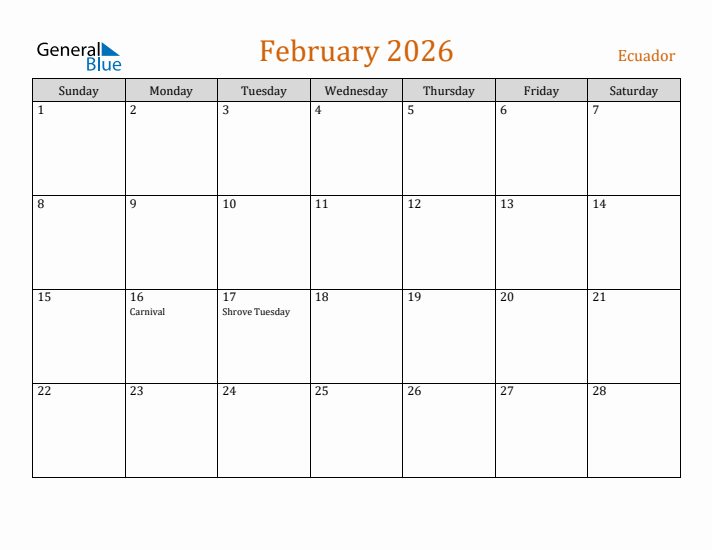 February 2026 Holiday Calendar with Sunday Start