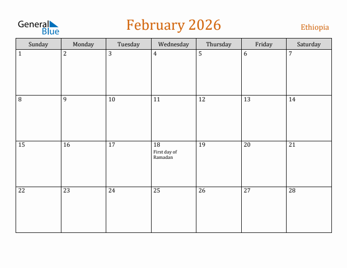 February 2026 Holiday Calendar with Sunday Start