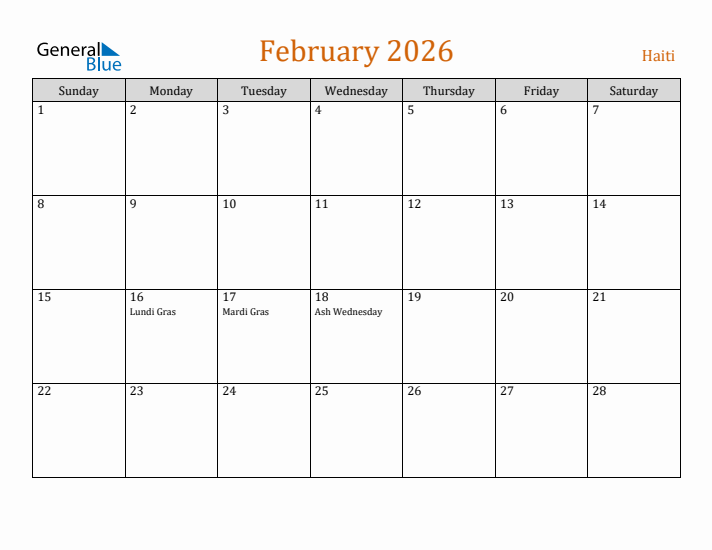 February 2026 Holiday Calendar with Sunday Start