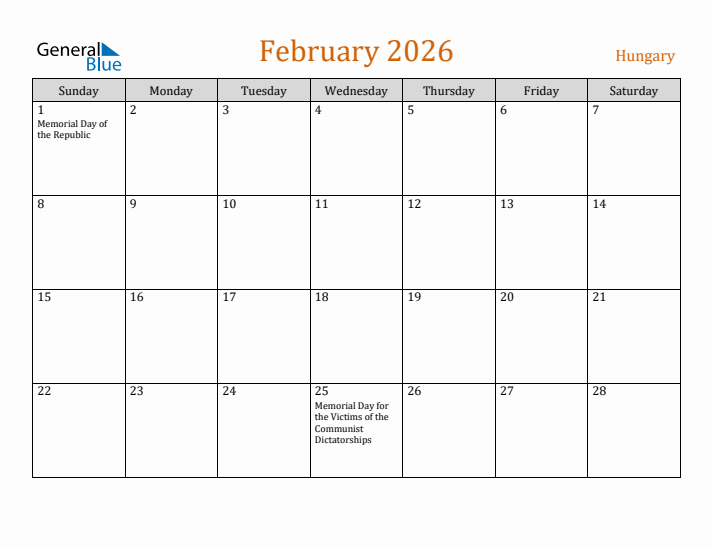 February 2026 Holiday Calendar with Sunday Start