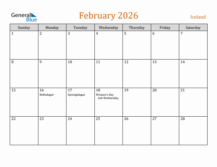 February 2026 Holiday Calendar with Sunday Start