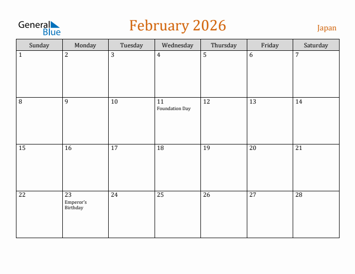 February 2026 Holiday Calendar with Sunday Start