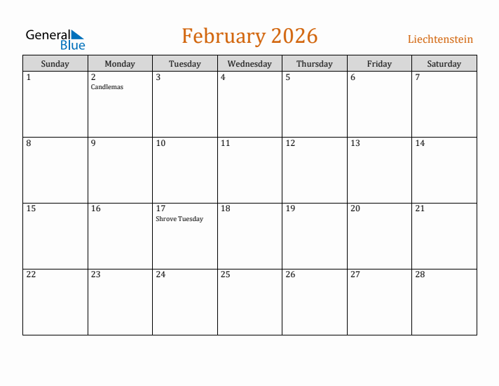 February 2026 Holiday Calendar with Sunday Start