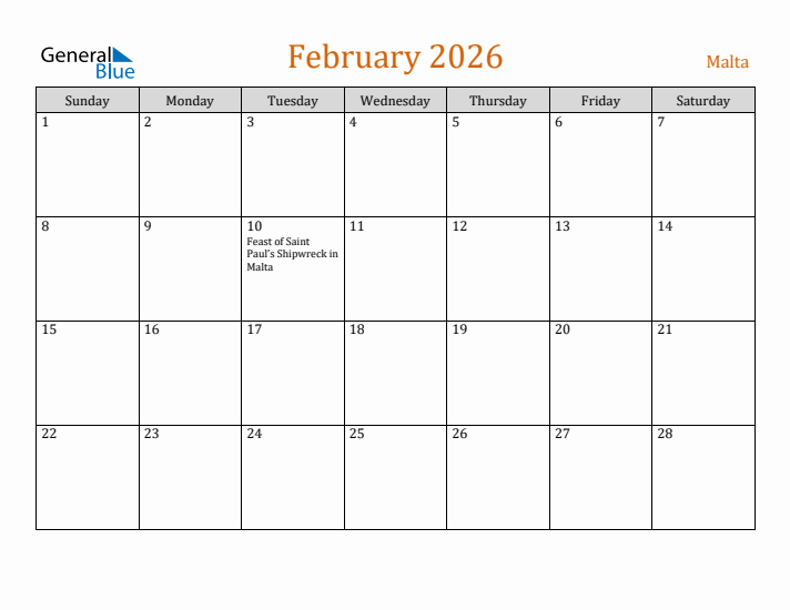 February 2026 Holiday Calendar with Sunday Start