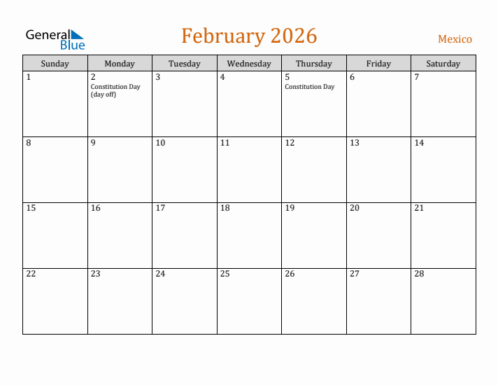 February 2026 Holiday Calendar with Sunday Start