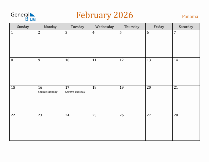 February 2026 Holiday Calendar with Sunday Start