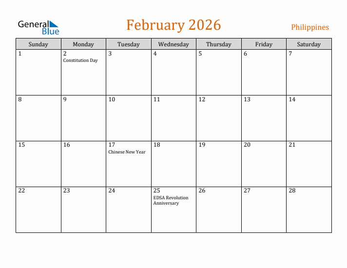 February 2026 Holiday Calendar with Sunday Start