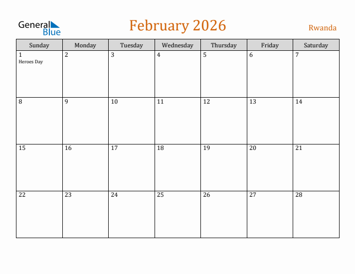 February 2026 Holiday Calendar with Sunday Start