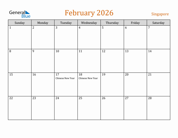 February 2026 Holiday Calendar with Sunday Start