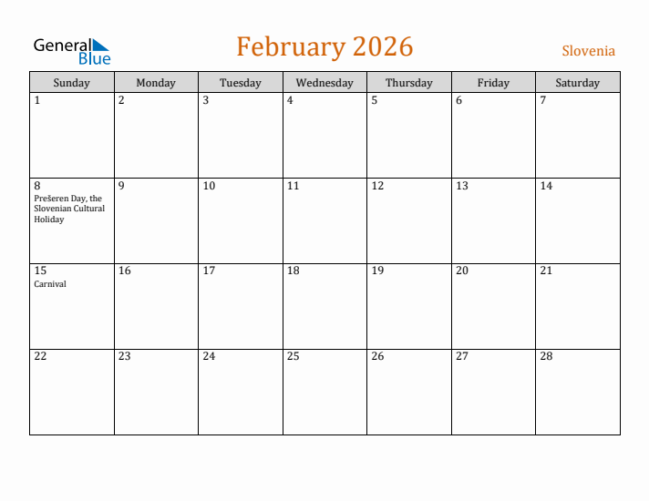 February 2026 Holiday Calendar with Sunday Start