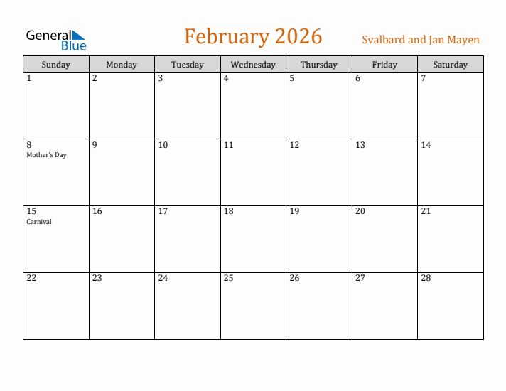 February 2026 Holiday Calendar with Sunday Start