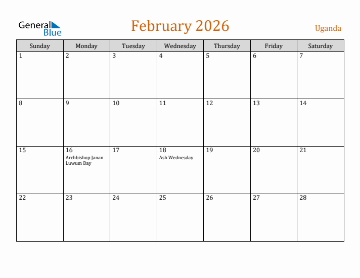 February 2026 Holiday Calendar with Sunday Start