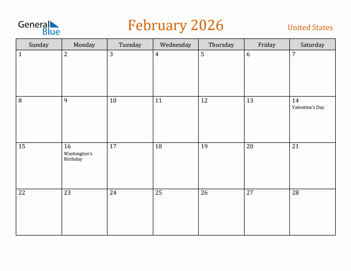 February 2026 Holiday Calendar with Sunday Start