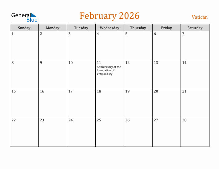 February 2026 Holiday Calendar with Sunday Start