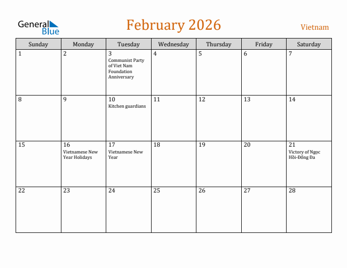 February 2026 Holiday Calendar with Sunday Start