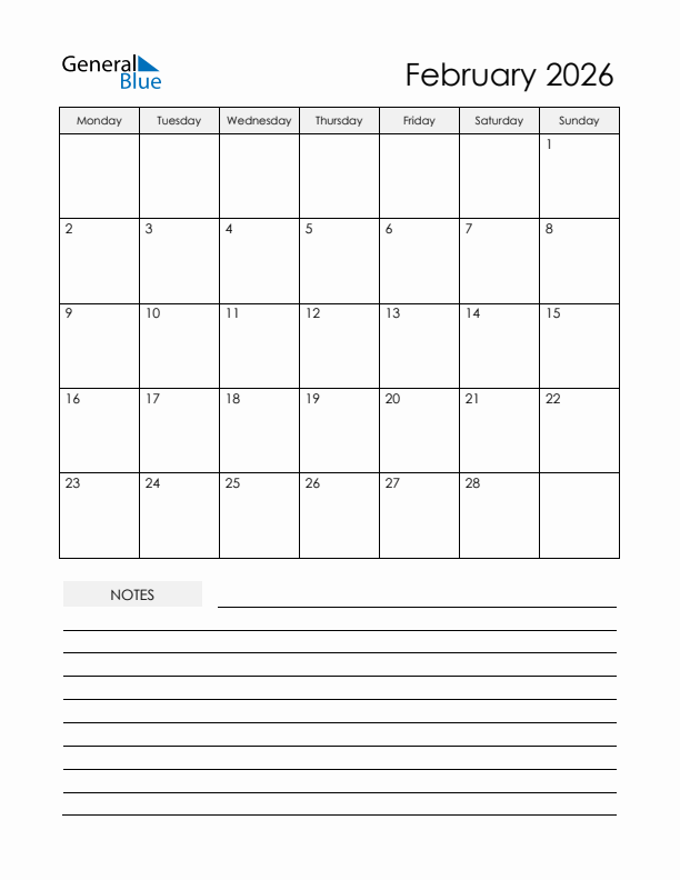 Printable Calendar with Notes - February 2026 