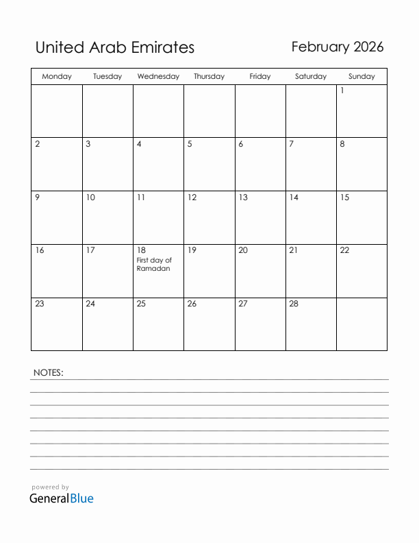 February 2026 United Arab Emirates Calendar with Holidays (Monday Start)