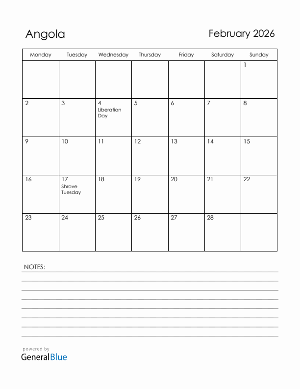 February 2026 Angola Calendar with Holidays (Monday Start)