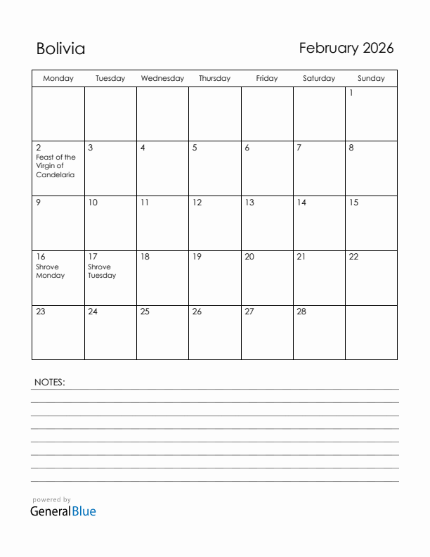 February 2026 Bolivia Calendar with Holidays (Monday Start)