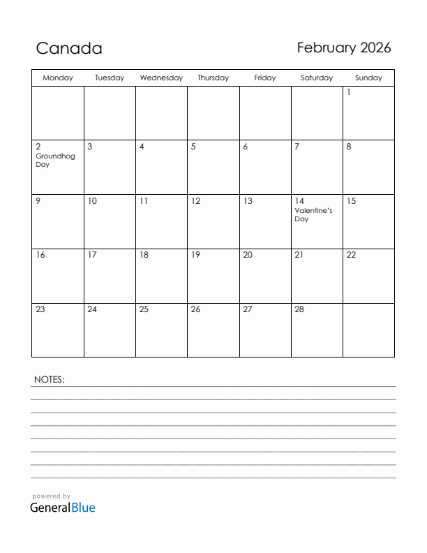 February 2026 Canada Calendar with Holidays (Monday Start)