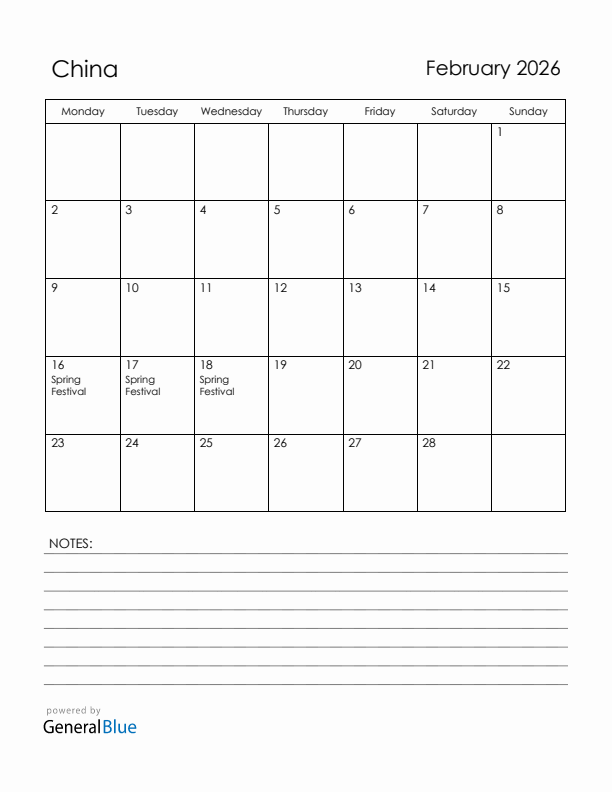 February 2026 China Calendar with Holidays (Monday Start)