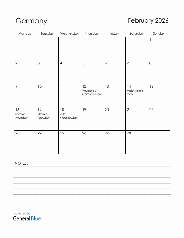 February 2026 Germany Calendar with Holidays (Monday Start)