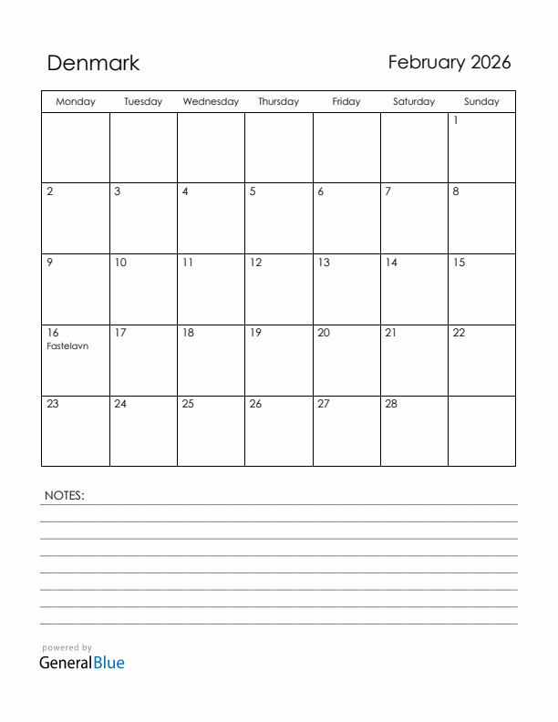 February 2026 Denmark Calendar with Holidays (Monday Start)