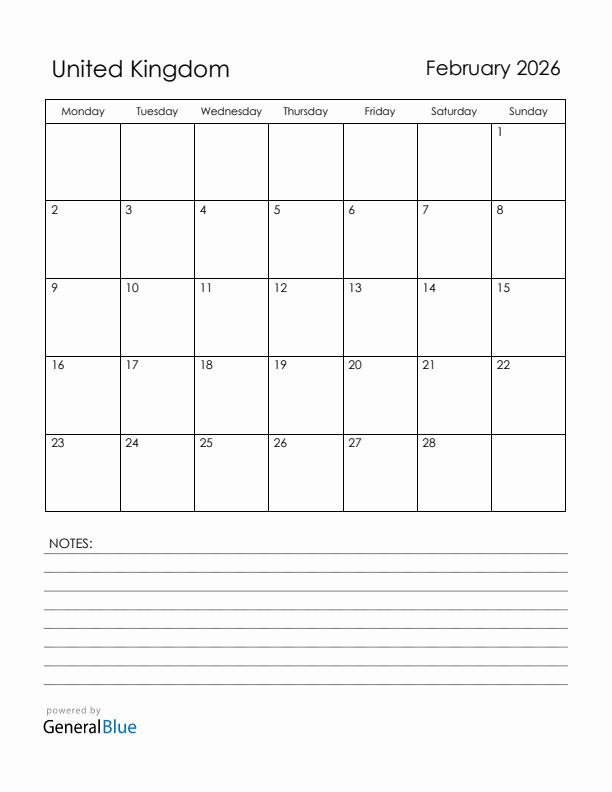 February 2026 United Kingdom Calendar with Holidays (Monday Start)