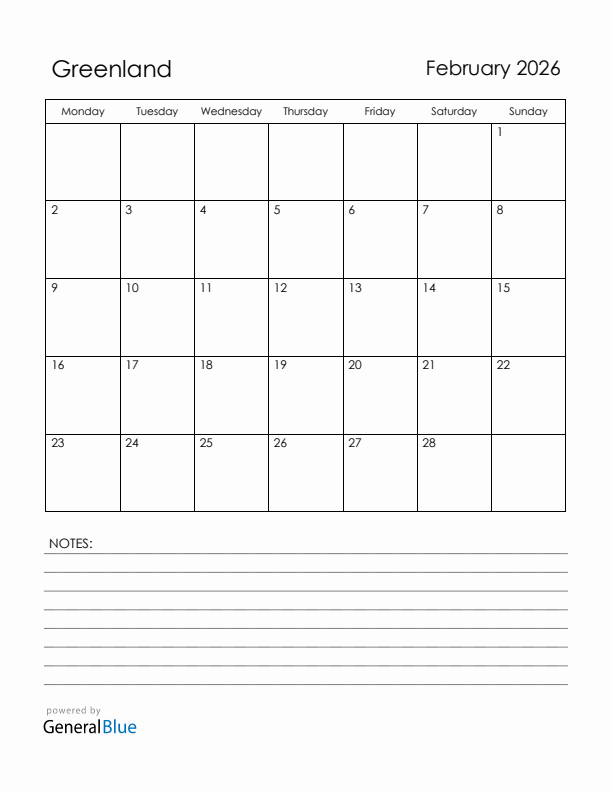 February 2026 Greenland Calendar with Holidays (Monday Start)