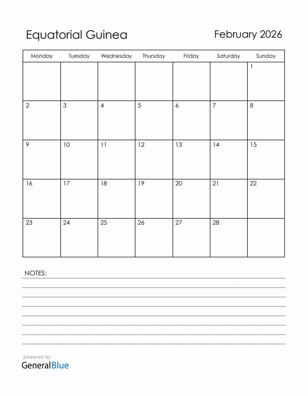 February 2026 Equatorial Guinea Calendar with Holidays (Monday Start)