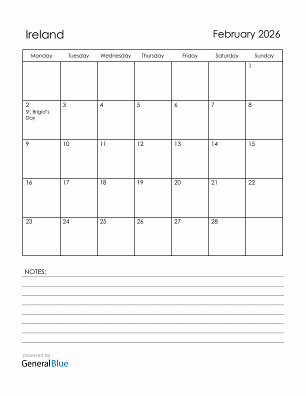 February 2026 Ireland Calendar with Holidays (Monday Start)