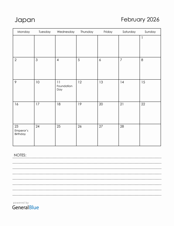 February 2026 Japan Calendar with Holidays (Monday Start)