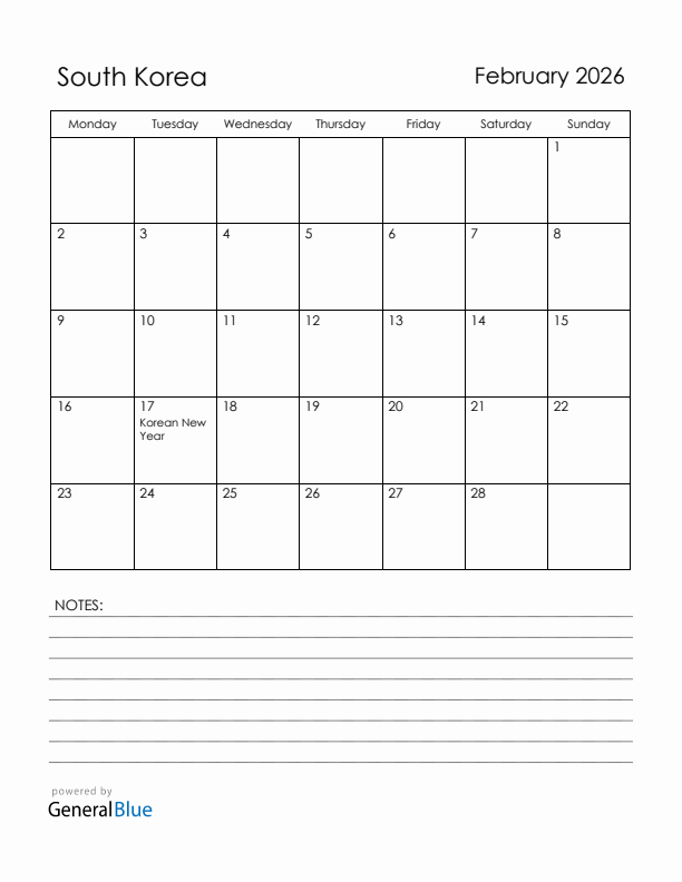 February 2026 South Korea Calendar with Holidays (Monday Start)