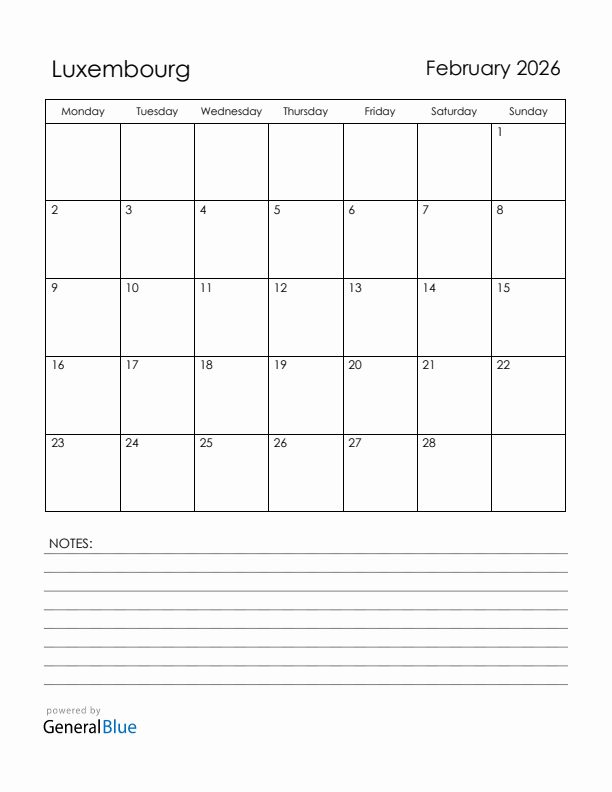 February 2026 Luxembourg Calendar with Holidays (Monday Start)