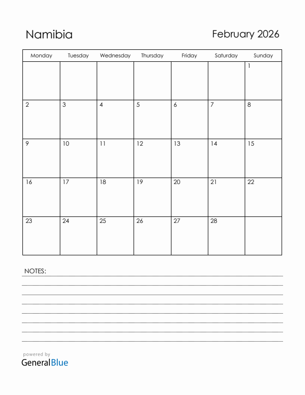 February 2026 Namibia Calendar with Holidays (Monday Start)