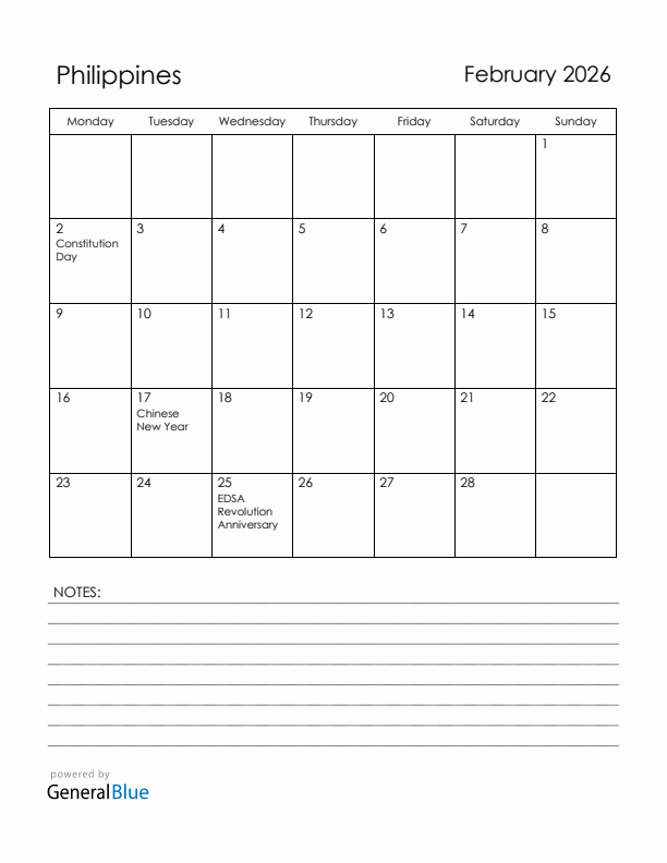 February 2026 Philippines Calendar with Holidays (Monday Start)