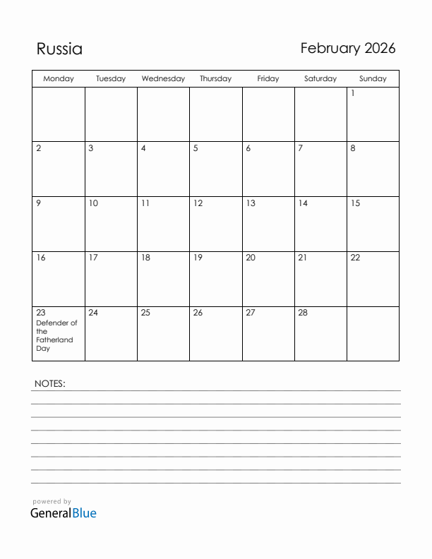 February 2026 Russia Calendar with Holidays (Monday Start)