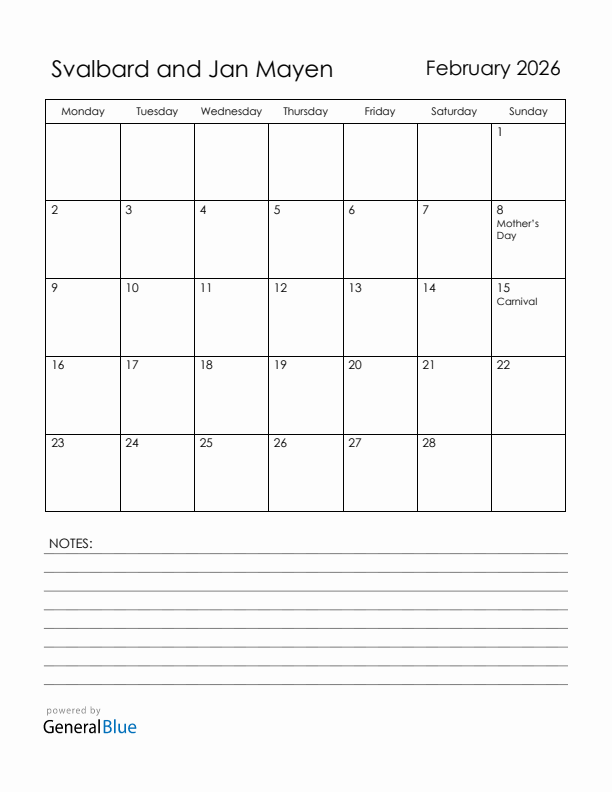 February 2026 Svalbard and Jan Mayen Calendar with Holidays (Monday Start)