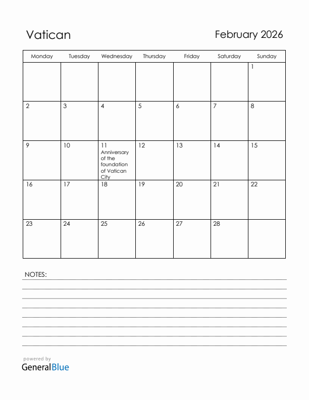 February 2026 Vatican Calendar with Holidays (Monday Start)