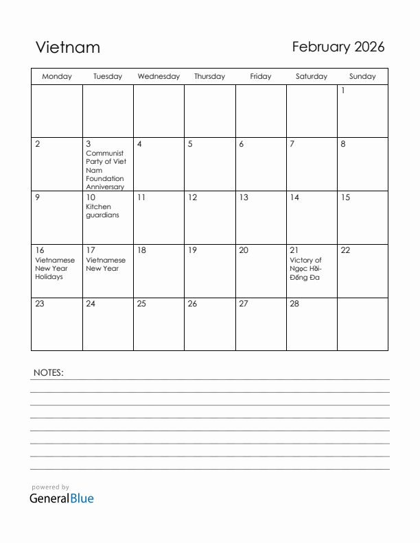 February 2026 Vietnam Calendar with Holidays (Monday Start)