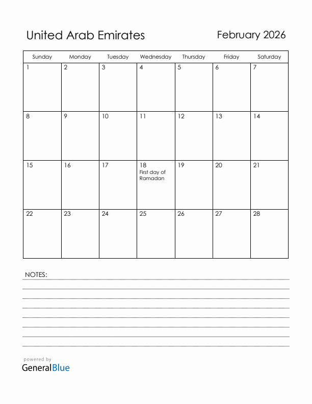 February 2026 United Arab Emirates Calendar with Holidays (Sunday Start)