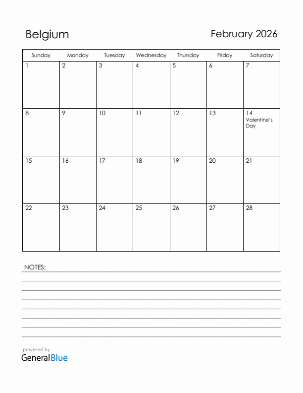 February 2026 Belgium Calendar with Holidays (Sunday Start)