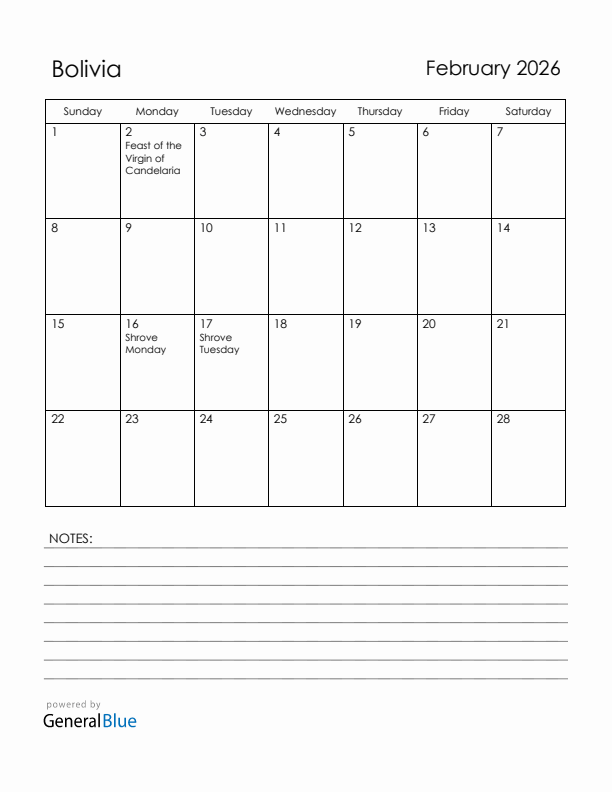 February 2026 Bolivia Calendar with Holidays (Sunday Start)