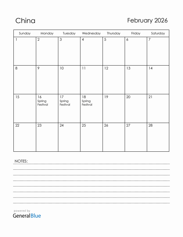 February 2026 China Calendar with Holidays (Sunday Start)