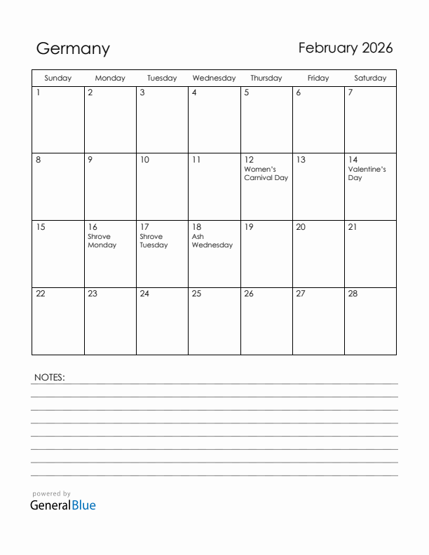 February 2026 Germany Calendar with Holidays (Sunday Start)