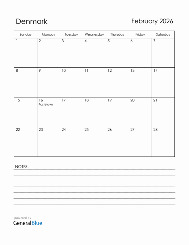 February 2026 Denmark Calendar with Holidays (Sunday Start)