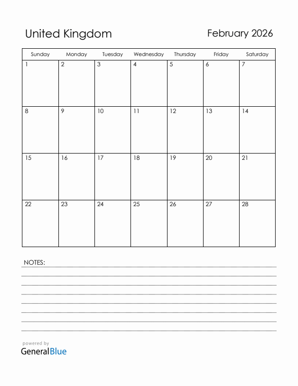 February 2026 United Kingdom Calendar with Holidays (Sunday Start)
