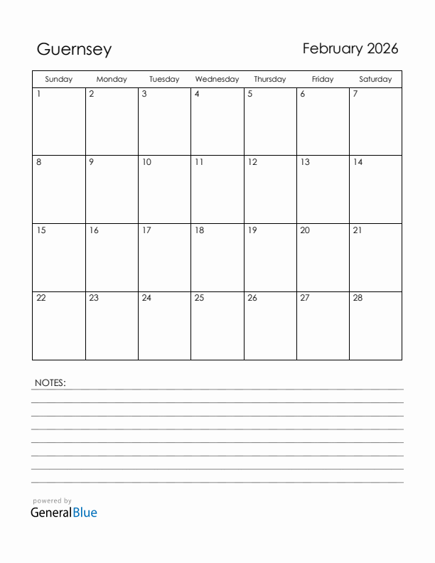 February 2026 Guernsey Calendar with Holidays (Sunday Start)